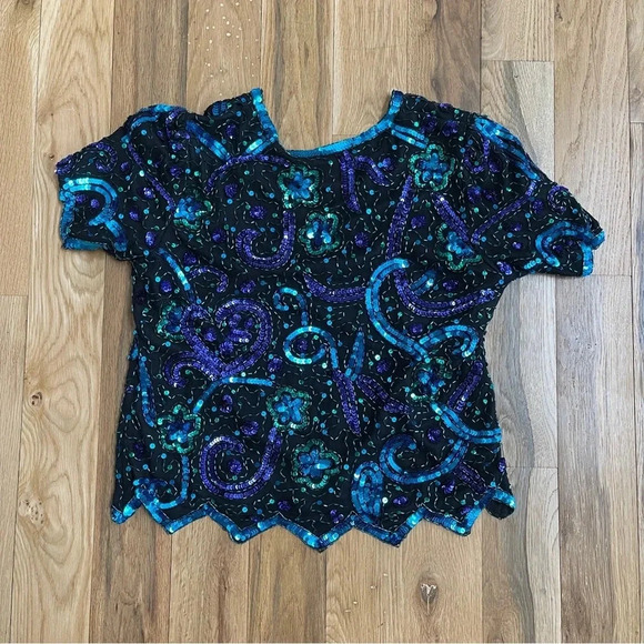 Vintage 80s Laurence Kazar hand-beaded sequin top, size petite Large; 100% silk - Picture 10 of 11